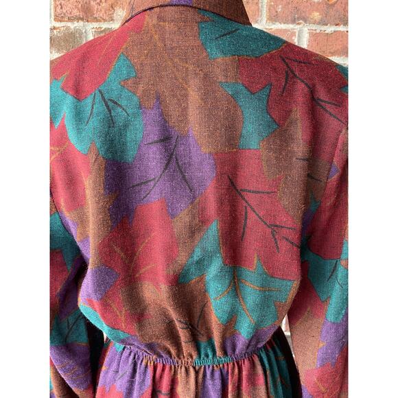 NWT Vintage fall dress - Leslie Fay - leaves - shirt dress - midi - 70s - size S - Picture 8 of 11